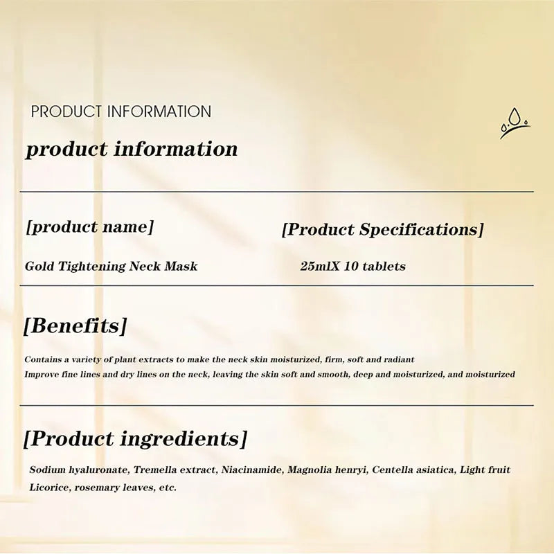 Gold Firming Neck Mask Moisturizing Nourishing Brightening Hydrating Neck skincare Masks Beauty Necks Skin Care Products Tri Light Beauty