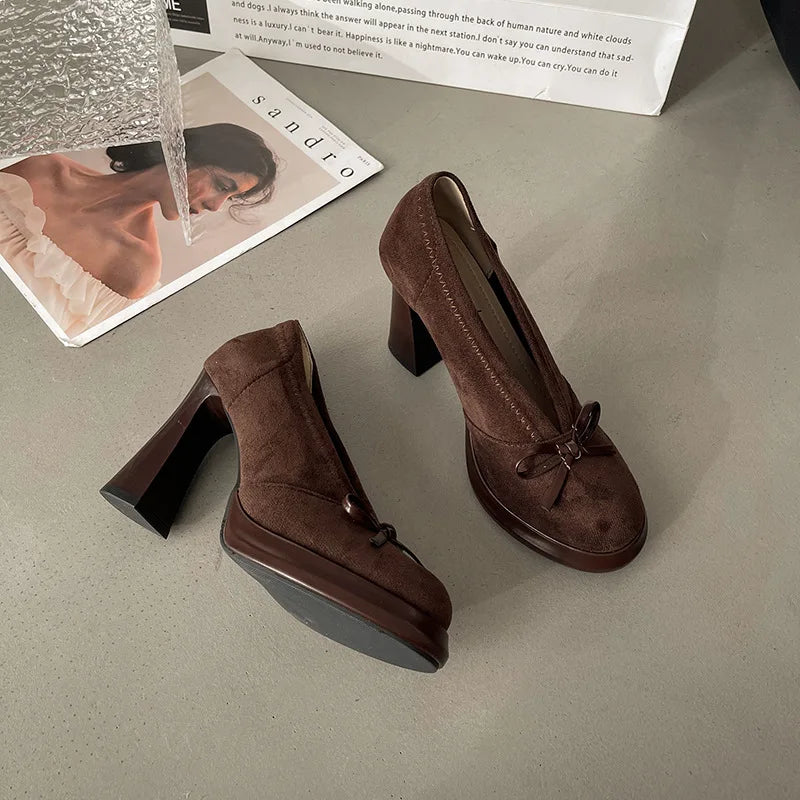 Women's High Heels 2025 Spring Autumn New Vintage Fashion Bow Knot Party Chunky Heels Outdoor Non Slip Luxury Mary Jane Shoes LadyShow.Store