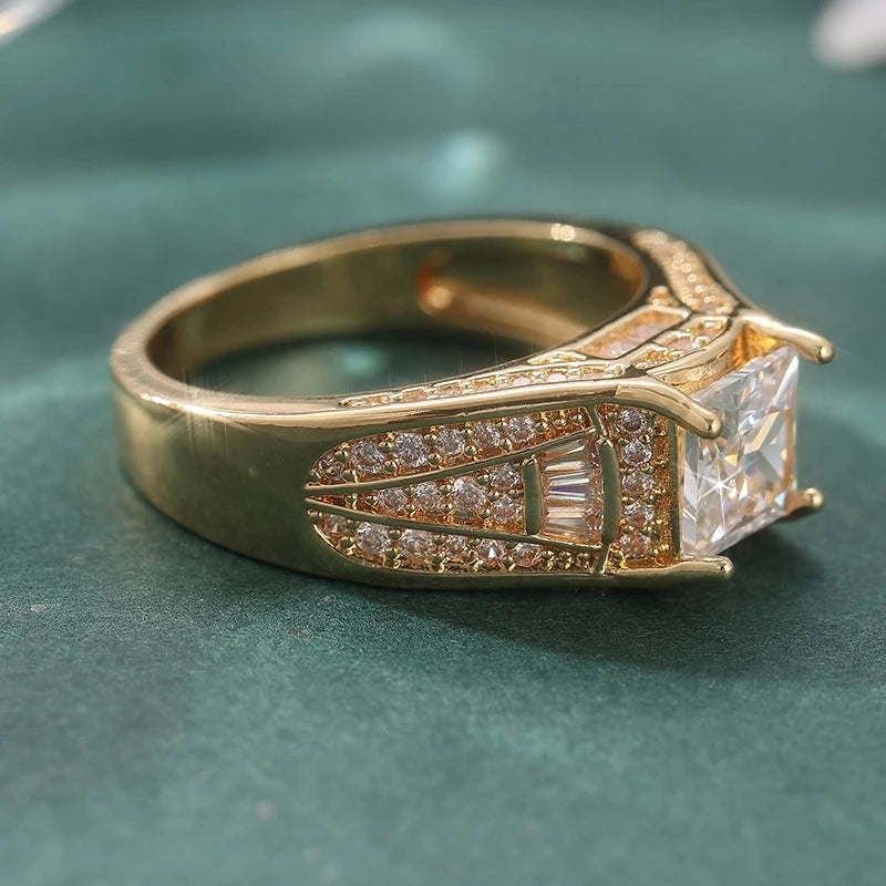 Aesthetic Inlaid White CZ Women's Ring Dazzling Gold Color Geometry Daily Wear Party Jewelry Anniversary Gift Pi-Mart