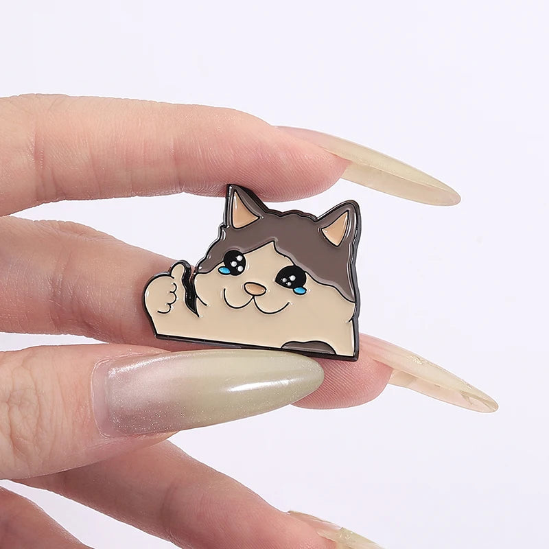 Thumb Up Crying Cat Enamel Pin Kawaii Humorous Animal Brooch Lapel Backpack Badge Funny Jewelry Gifts For Cat Lovers Friends Pi-Mart