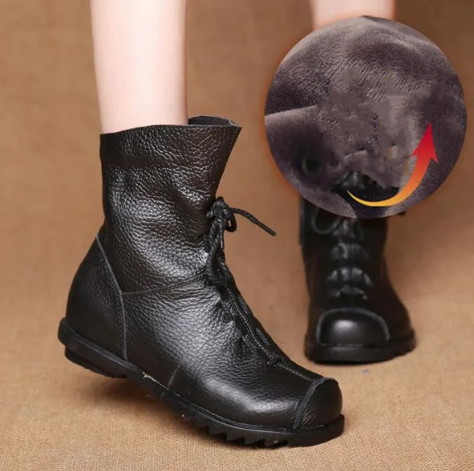 Genuine Leather Plush women's short Boots Retro Casual Autumn Winter Women Boots Waterproof warm Snow boots Plus Size 42 Pi-Mart