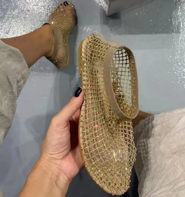 Luxury brand Women's New Round Toe Flat Bottom Slippers Hollow Short Boots Water Diamond Sexy Flat Bottom Banquet  Sandals LadyShow.Store