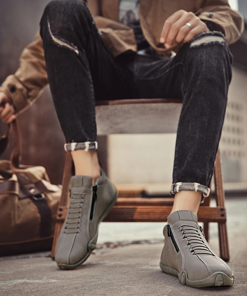 Men's Casual Shoes Side Zipper Short Boots Versatile Flats Bottom Trbottomyy Fashion Pu Leather Men's Shoes Spring Suitable for Outdoor Sports Pi-Mart