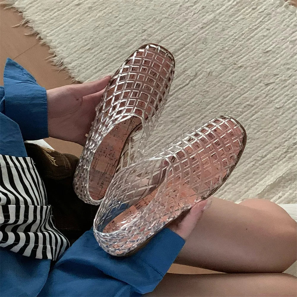 Women's New Flat Sandals with Hollow Transparent Color Mesh Jelly Shoes Woman Daily Walking Flats Plus Size 41 Soft PVC Footwear LadyShow.Store