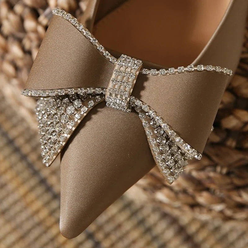 High Quality Satin Rhinestone Bowknot Design Kitten Heel Pumps Women Pointed Toe Elegant Party Shoes Luxury Wedding Bride Heels LadyShow.Store
