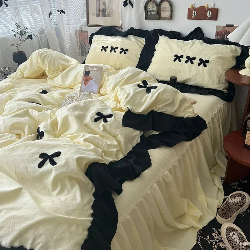 Black Bow Cotton Bedding Set, Princess Style Cute Girl Skin Friendly Soft Duvet Cover, Bed Sheet or Bed Skirt Pillowcase Pi-Mart