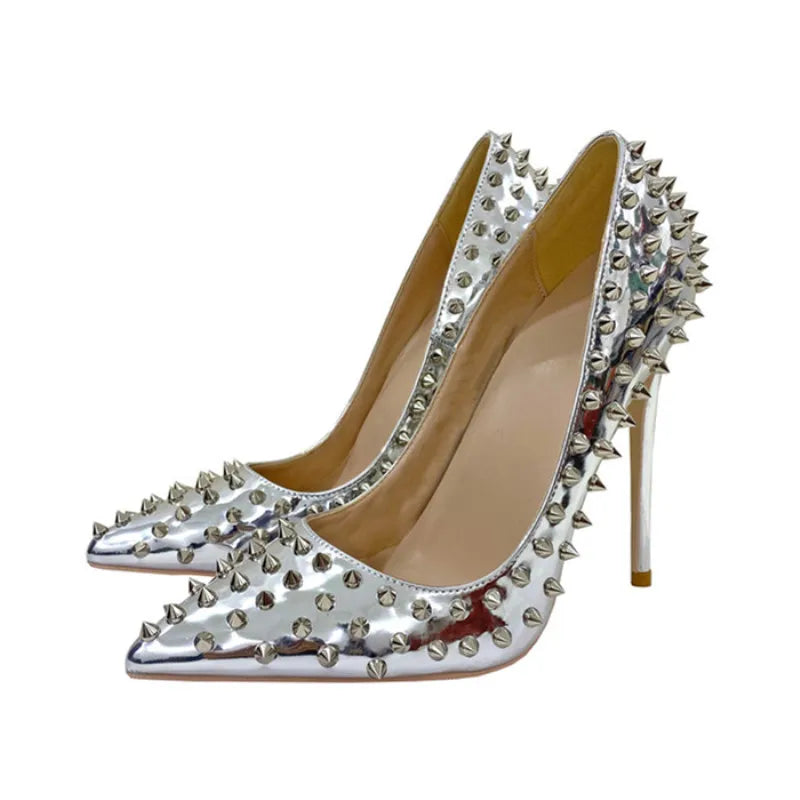 Women New Rivet High Heels 12CM Fashion Pointed Toe Party Single Shoes Europe And America Club Stage Pumps Silver Plus Size 43 Pi-Mart