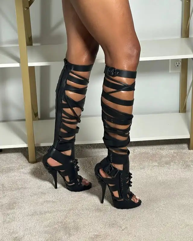 2026 Women Sandals Knee High Boots Cross Strap Hollow Fashion Elegant Sexy Women Shoes Newest Round Toe Thin Heels 4 Pi-Mart