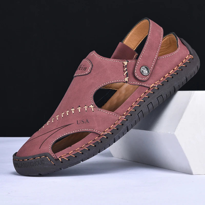 New Handmade Summer Sandals Men Breathable Leather Shoes Man Outdoor Men Sandals Antiskid Beach Sandals Hollow Shoes Fashion Pi-Mart