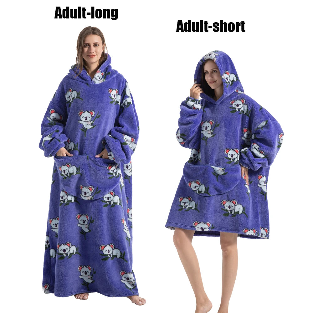 Women Plush Fleece Blanket Men Warm Thick Hoodies Adult Giant TV Blanlets with Sleeves Super Long Cold-proof Homewear Pajamas Pi-Mart