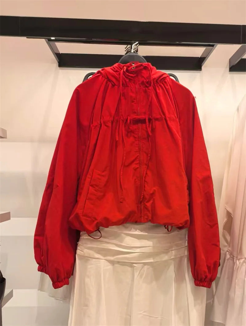 Women's Jacket 2026 Autumn New Red Long-Sleeve Drawstring Decorative Festive Hoodie Zipper Cardigan Casual Fashion Versatile Pi-Mart