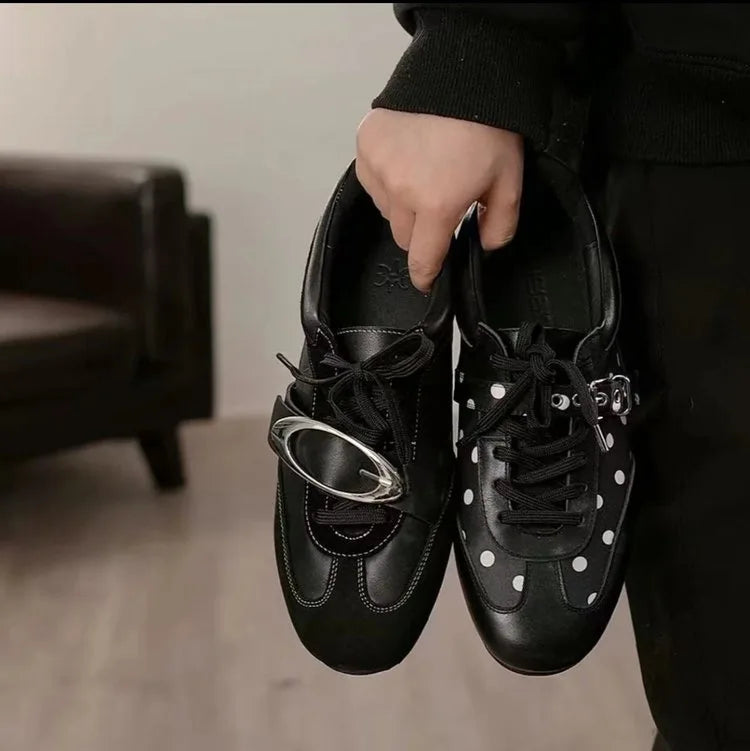 Korean Style Black Polka Dot Sneakers Women Spring 2026 Luxury Metal Decoration Designer Vulcanize Shoes Woman's Sports Shoes Pi-Mart