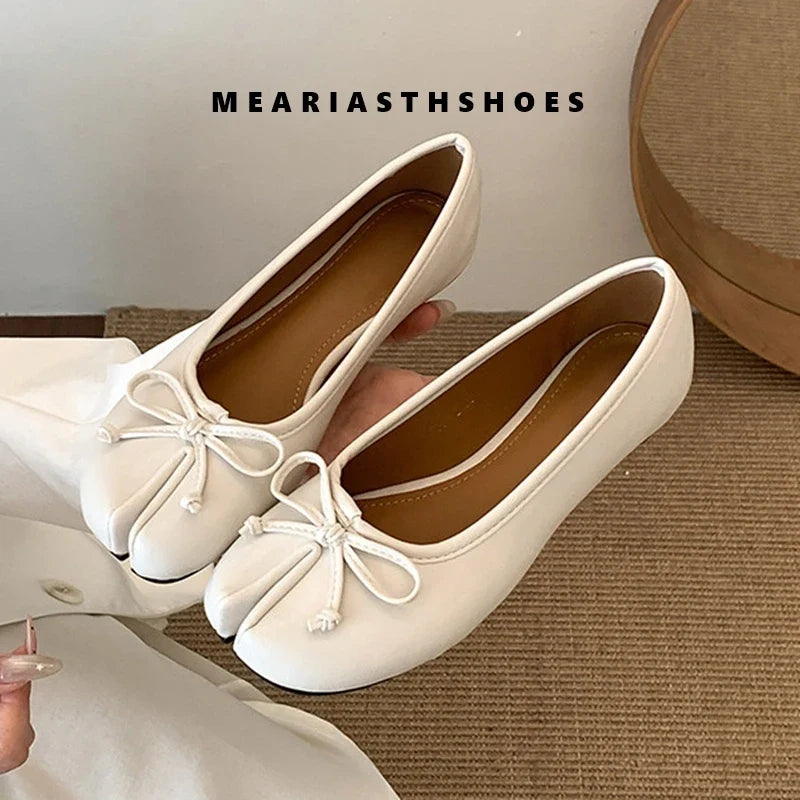 Spring Summer Microfiber Leather Split Toe Women Pumps Fashion bowknot Designer Low Heeled Tabi Soft Soles Loafers Casual Shoes LadyShow.Store