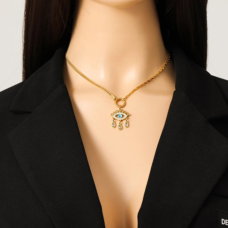 GANEMLY 316l Stainless Steel Luxury Bling Cubic Zirconia Eye Droplets Pendant Necklace Women Chic Romantic Waterproof Jewelry Pi-Mart