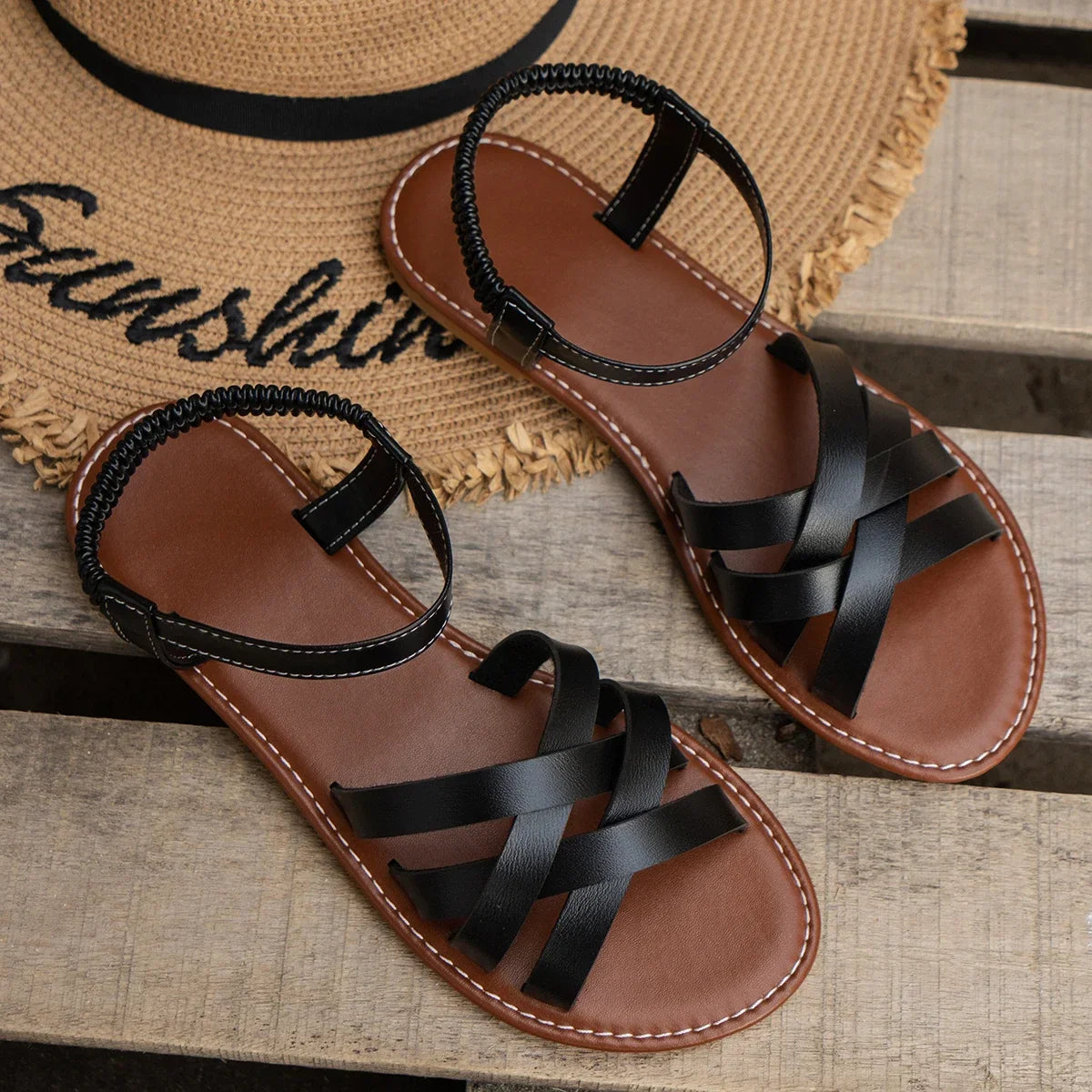 Shoes for Women 2025 Summer New Women Flat Sandals Bottom Roman Strap Sandals with Non Slip Rubber Soles Ladies Daily Sandalia LadyShow.Store