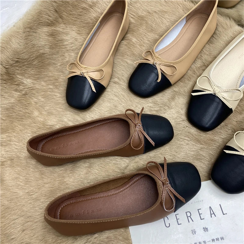 Large Size 44 45 46 47 48 Flat Shoes Women's Spring  Autumn Bow New Square Toe Shallow Ladies Shoes loafers women zapatos mujer Pi-Mart