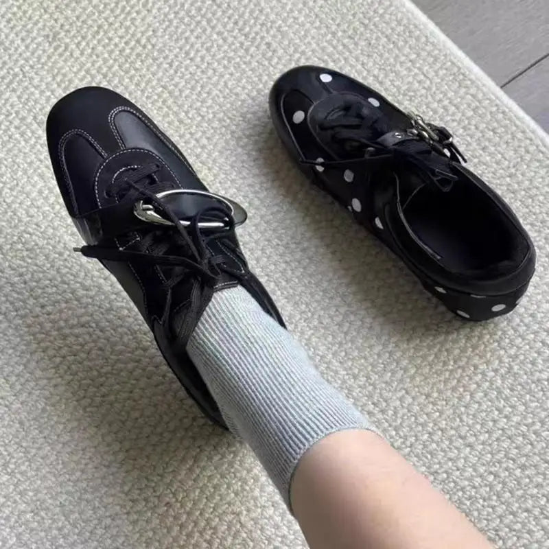 Korean Style Black Polka Dot Sneakers Women Spring 2026 Luxury Metal Decoration Designer Vulcanize Shoes Woman's Sports Shoes Pi-Mart