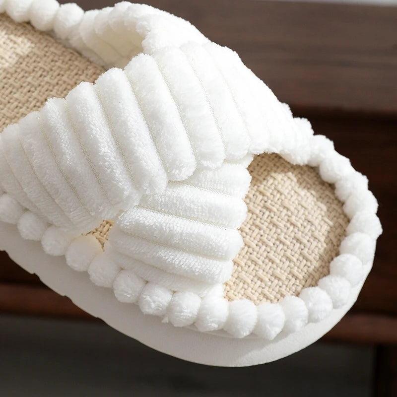 2024 Autumn Winter New Women Home Slippers Open-Toe Cross Band Linen Soled Indoor Slides Linen Soled Non-Slip Bathroom Slippers Pi-Mart