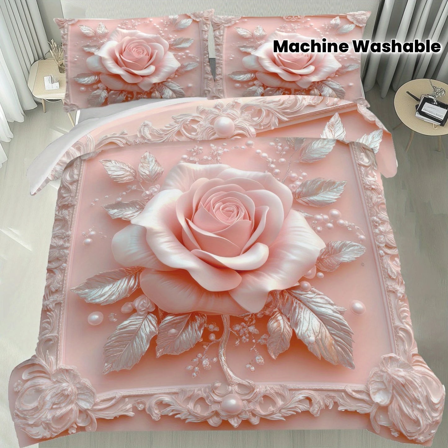Latacaca 2/3Pcs Pink Rose Duvet Cover Set, Soft Comfortable Floral Bedding with Pillowcases, Machine Washable Queen King Size Pi-Mart