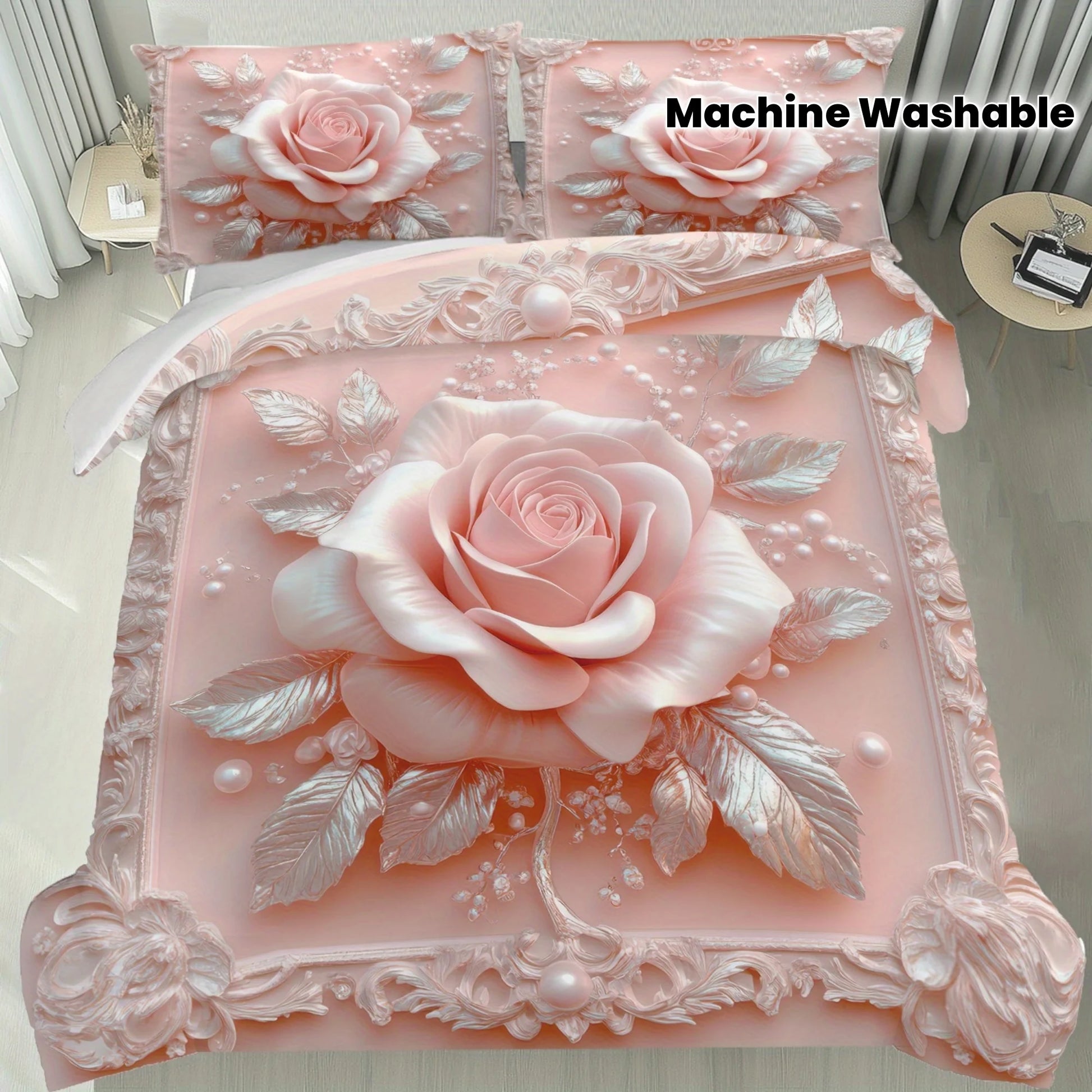 Latacaca 2/3Pcs Pink Rose Duvet Cover Set, Soft Comfortable Floral Bedding with Pillowcases, Machine Washable Queen King Size Pi-Mart