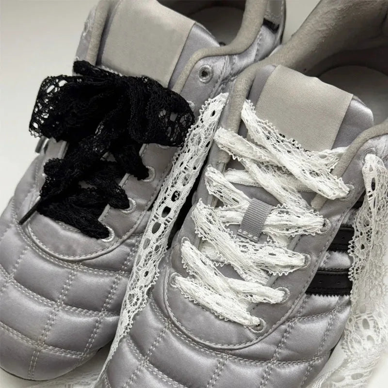 1/4Pairs Fancy Lace 3CM Wide Flat Shoelaces Sneakers Women Casual Shoes Black White Fashion Shoe Strings Replacement Accessories Pi-Mart