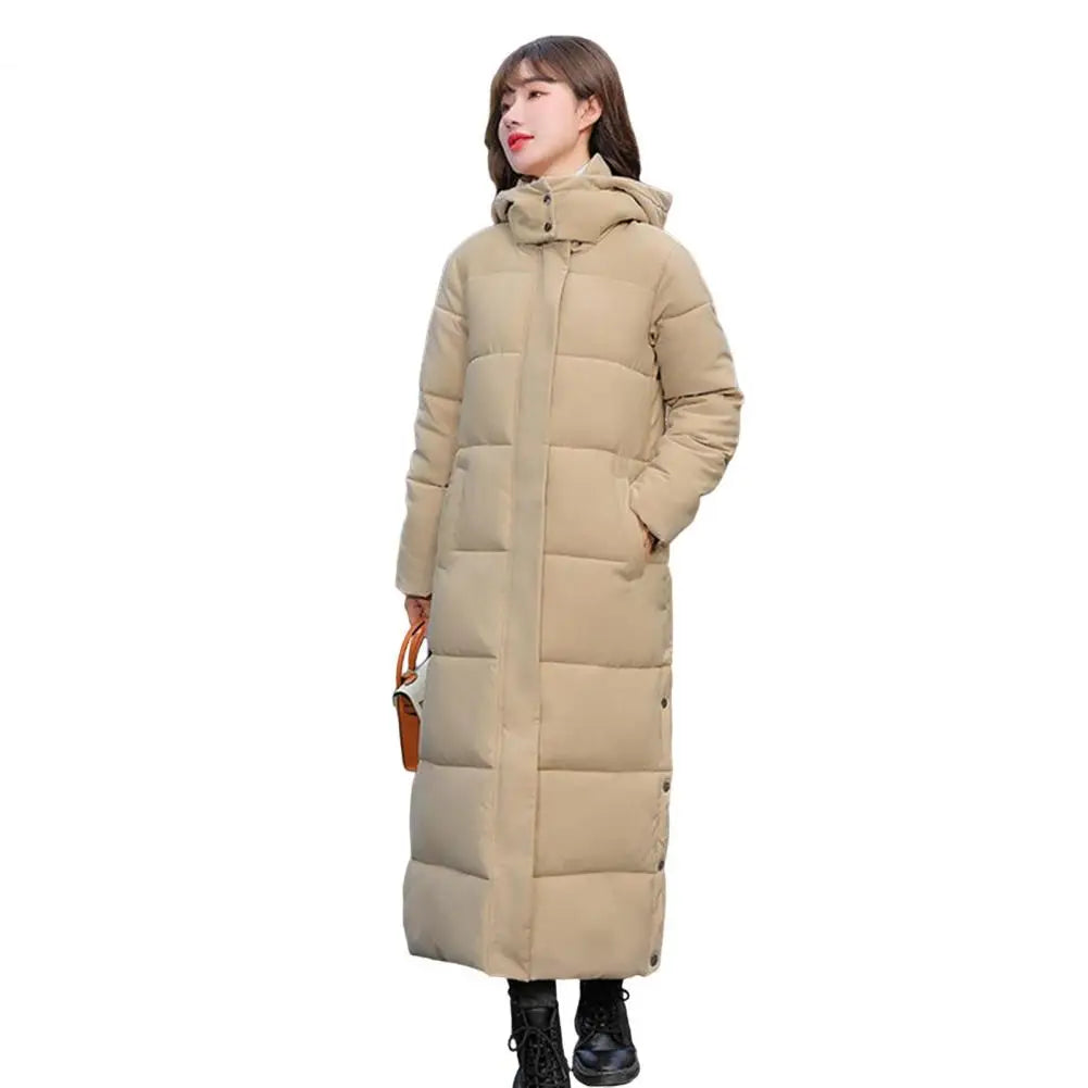 2024 Oversized Coat Hooded Long Sleeve Pockets Side Slit Hem Down Jacket Pockets Thickened Long Warm Down Cotton Outwear LadyShow.Store