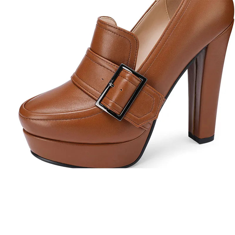 Round Toe High Heel Belt Buckle Women Single Shoes 2024 New Black Brown Spring  Autumn Waterproof Platform High Heels Size 34-43 Pi-Mart