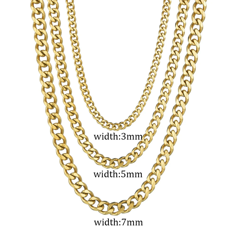 3/5/7mm Stainless Steel Cuban Link Chain Classic Punk Personality Jewelry Simple Fashion Hip-hop Couple Necklace for Men Women Pi-Mart