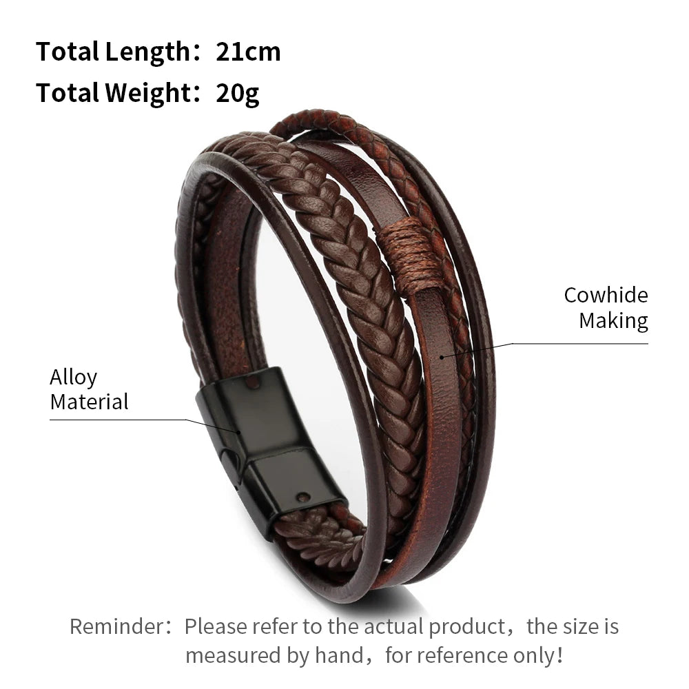 Trendy Leather Bracelets For Men Stainless Steel Bracelet 21CM Multilayer Braided Rope Bracelets for Male Jewelry Gifts Pi-Mart