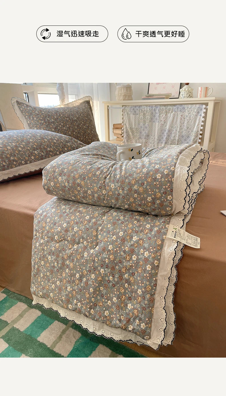 Summer Quilt Korean Style Duvet with Lace Single/Queen Size Comforter Flower Printed Quilted Blanket 여름이불 (No Pillowcase) Pi-Mart