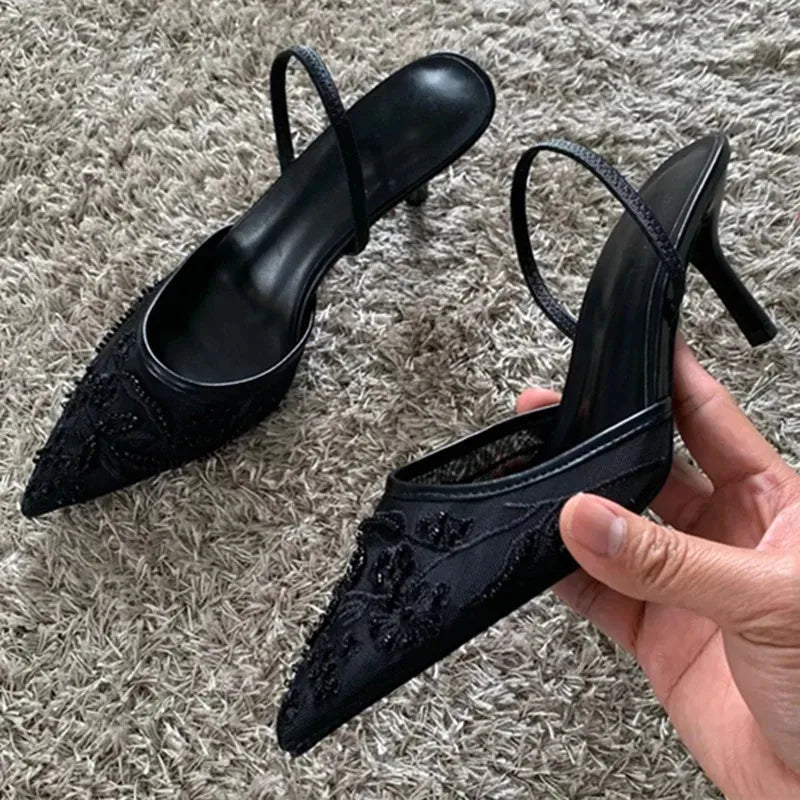 Mesh Embroider String Bead Detail High Heels Women Sexy Brown Pointed Toe Back Strap Heeled Sandals Summer Elegant Women Shoes LadyShow.Store