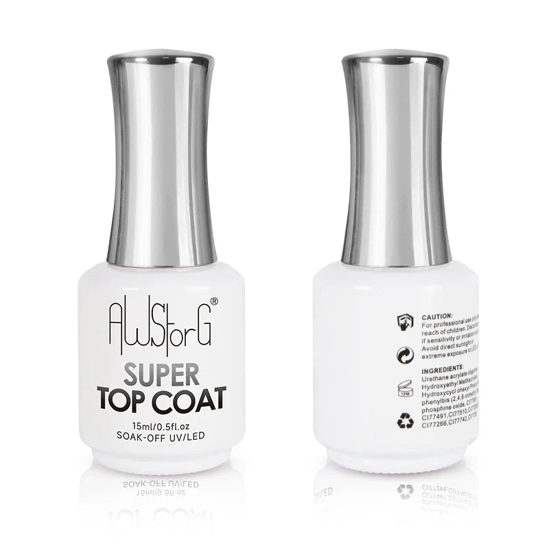 AWStorG 15ML Super Top Coat Nail Art Gel Varnish Semi Permanent Soak Off No Wipe UV Gel Varnish Shining Clear Top Coat Tri Light Beauty