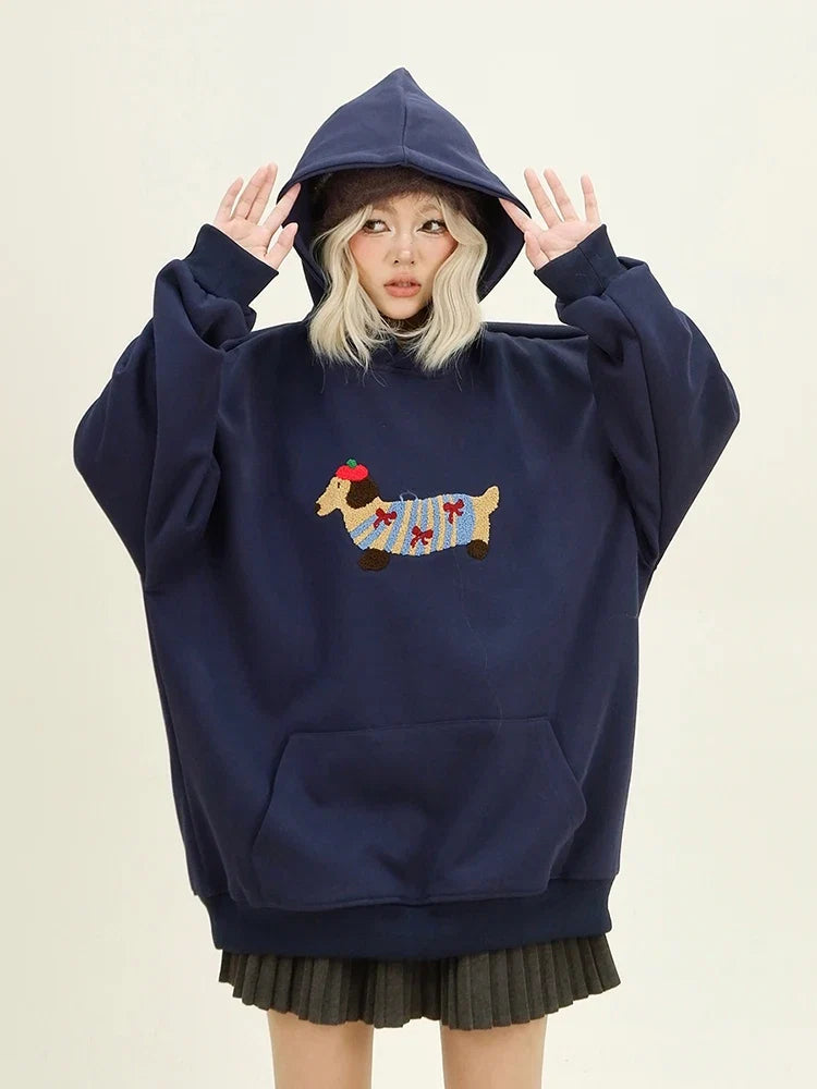 Women Sweatshirt Streetwear Couples Tops Casual Loose Hoodie Autumn Winter Cartoon Dog Embroidery Hooded Pullover LadyShow.Store