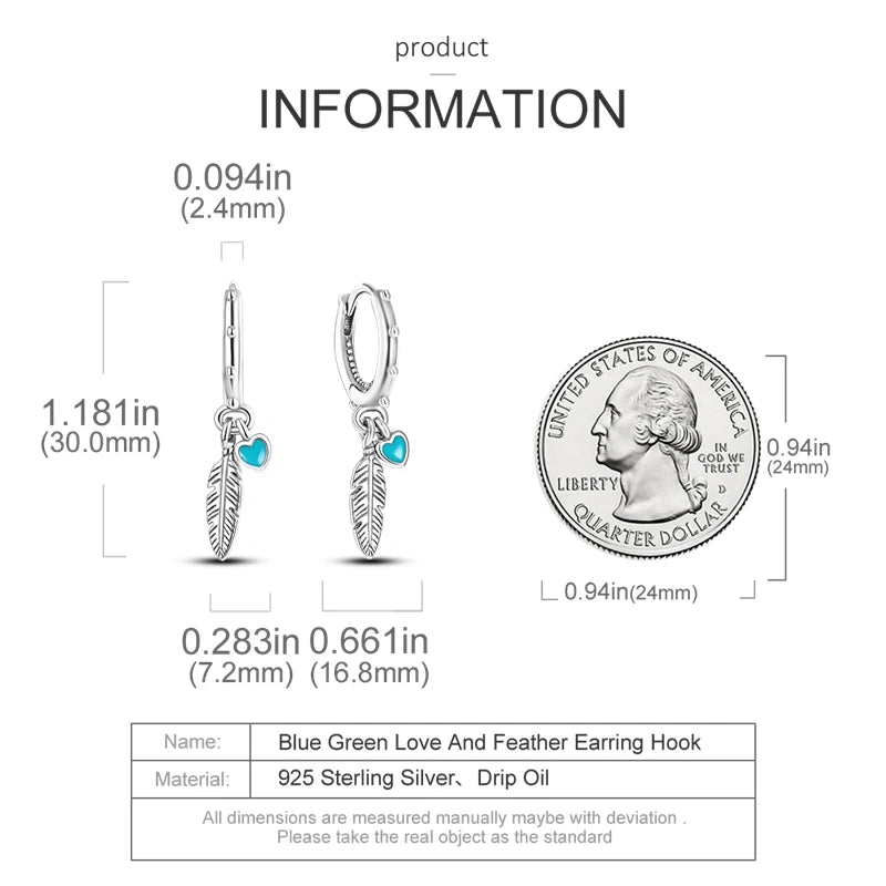 Genuine 925 Sterling Silver Love Feather Earrings Fit Original Charms Hoop For Women Girls Stud Earring Fine Jewelry Gifts Pi-Mart