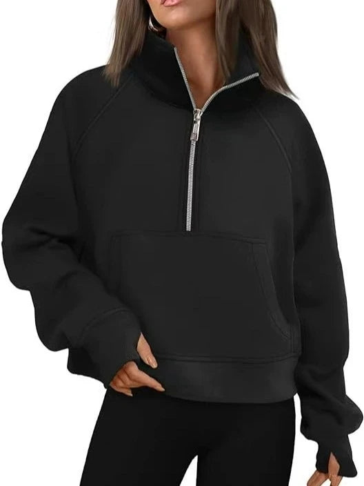 New Women's Spring Autumn Winter Stand Collar Plus Fleece Solid Color Hoodie Long Sleeve Pocket Loose Half Zip Pullover Hoodie Pi-Mart