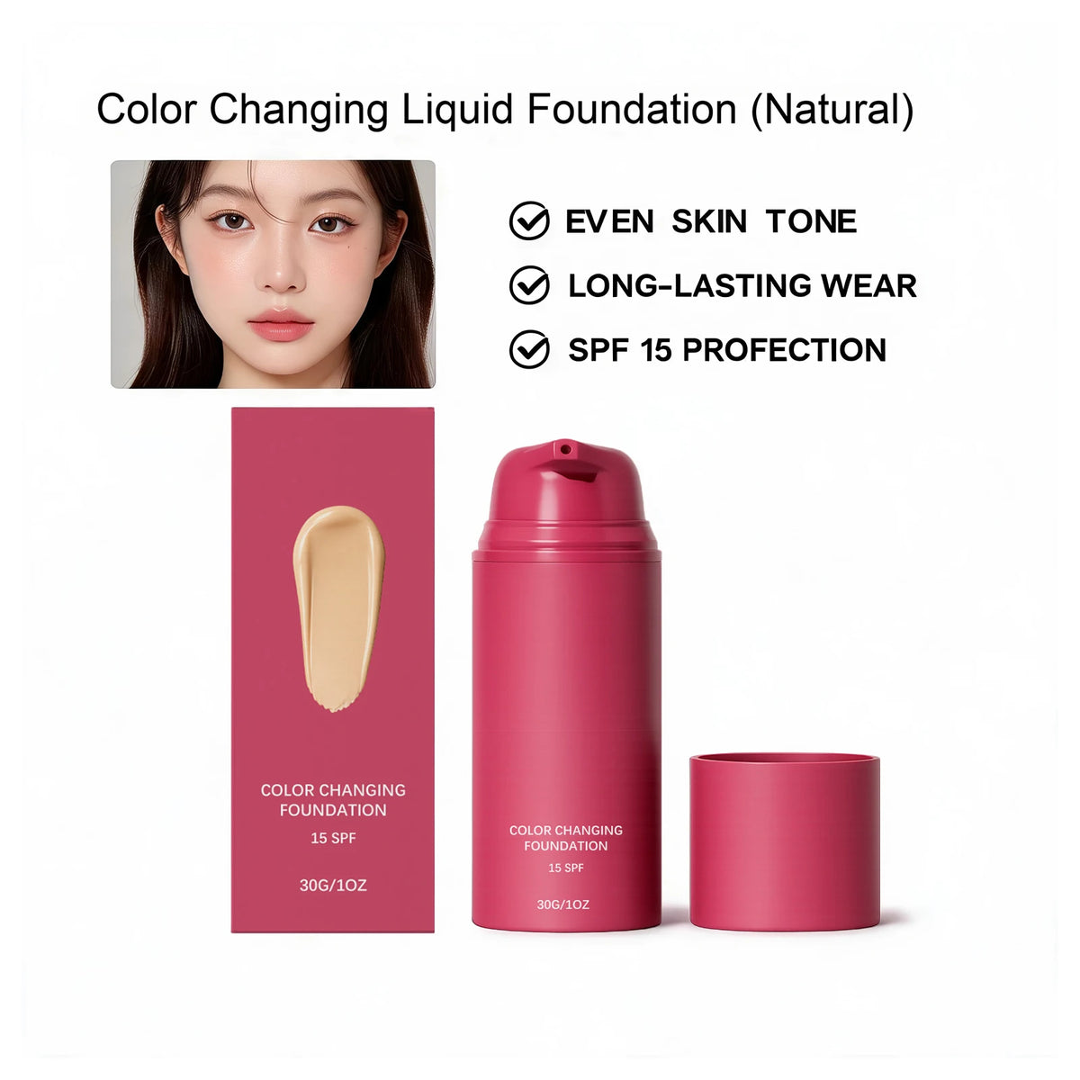 Color Changing Foundation Natural Color Spf15 Sun Protection Makeup Full Coverage Even Skin Tone Lightweight Moisturizing Makeup Pi-Mart