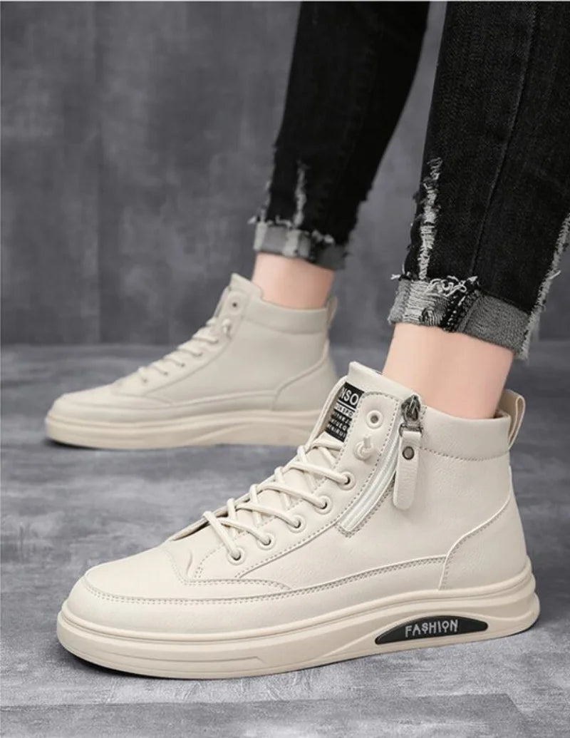 Men Boots Autumn High Top Leather Casual Shoes Fashion Cotton Shoes Flat Ankle Boots Business Outdoor Shoes Man Sneakers New Pi-Mart