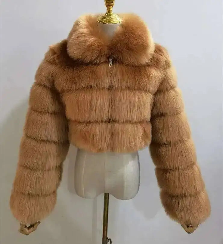 DEAT Fashion Women's Faux Fur Coat Lapel Zipper Long Sleeves Loose Thick Imitation  Fur Short Jacket Winter New 7AB6103 Pi-Mart