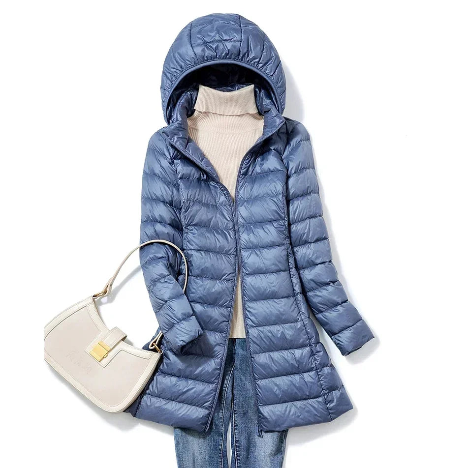 Plus Size Winter Womens Fashionable Outerwear Down Jackets Long Light Thin Coat Puffer Jacket Korean Slim Remove Hooded Parka LadyShow.Store