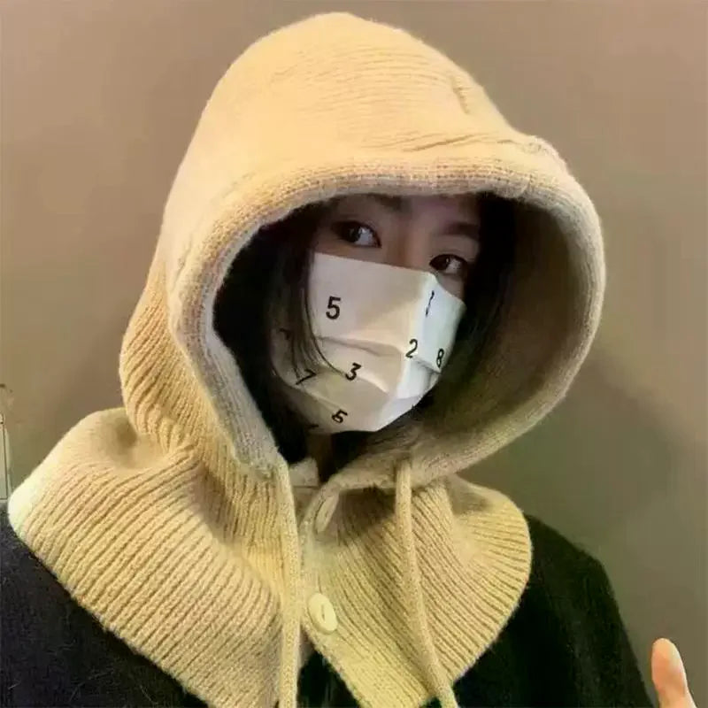 Winter Balaclava Hat Warm Knitted Women's Hood Hat Solid Color One-piece Neck Pullover Cap Outdoor Cashmere Caps Pi-Mart