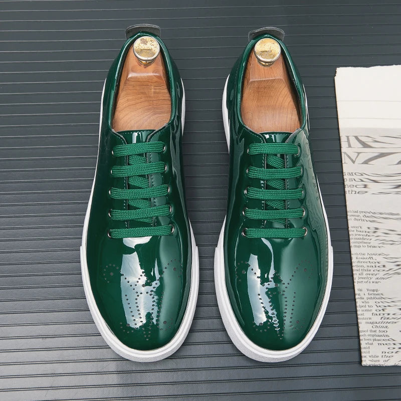 Spring Autumn Leather Shoes High Quality Patent Leather Casual Shoes Lace Up Sneakers Green Fashion Sole Designer Leather Shoes Pi-Mart