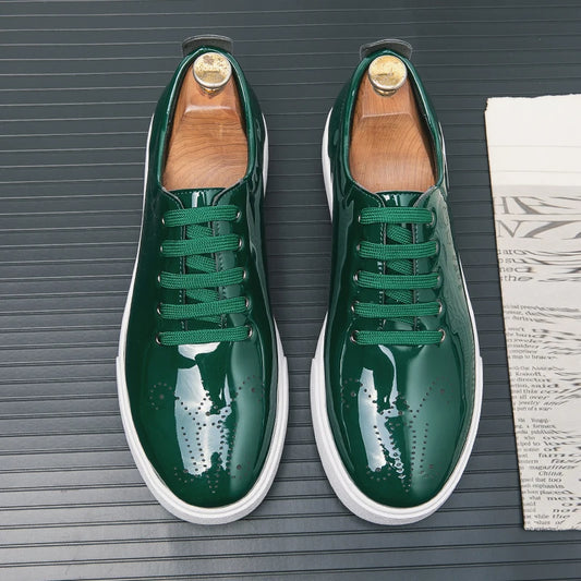 Spring Autumn Leather Shoes High Quality Patent Leather Casual Shoes Lace Up Sneakers Green Fashion Sole Designer Leather Shoes Pi-Mart