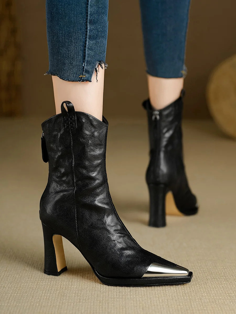 2024 New Metal Square Toe Ankle Boots for Women Fashion Patent Leather Women's Shoes Botas Mujer High Heels Shoes Women Zapatos Pi-Mart