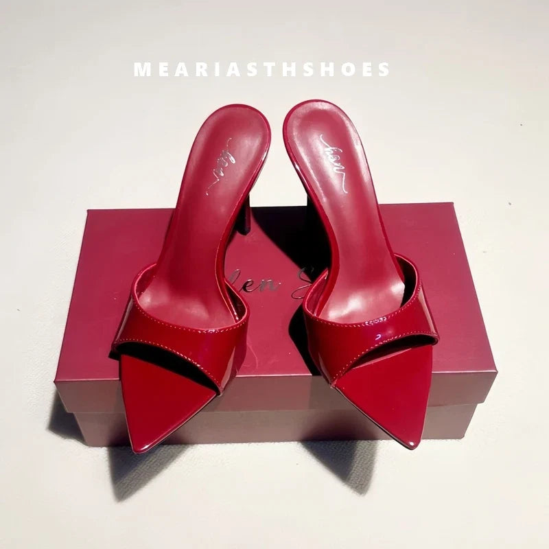 12/10cm pointed Open Toe High Heel Shoes Woman Summer OutsideSlipper Party Stiletto Luxury Designer Patent Leather Women Sandals LadyShow.Store