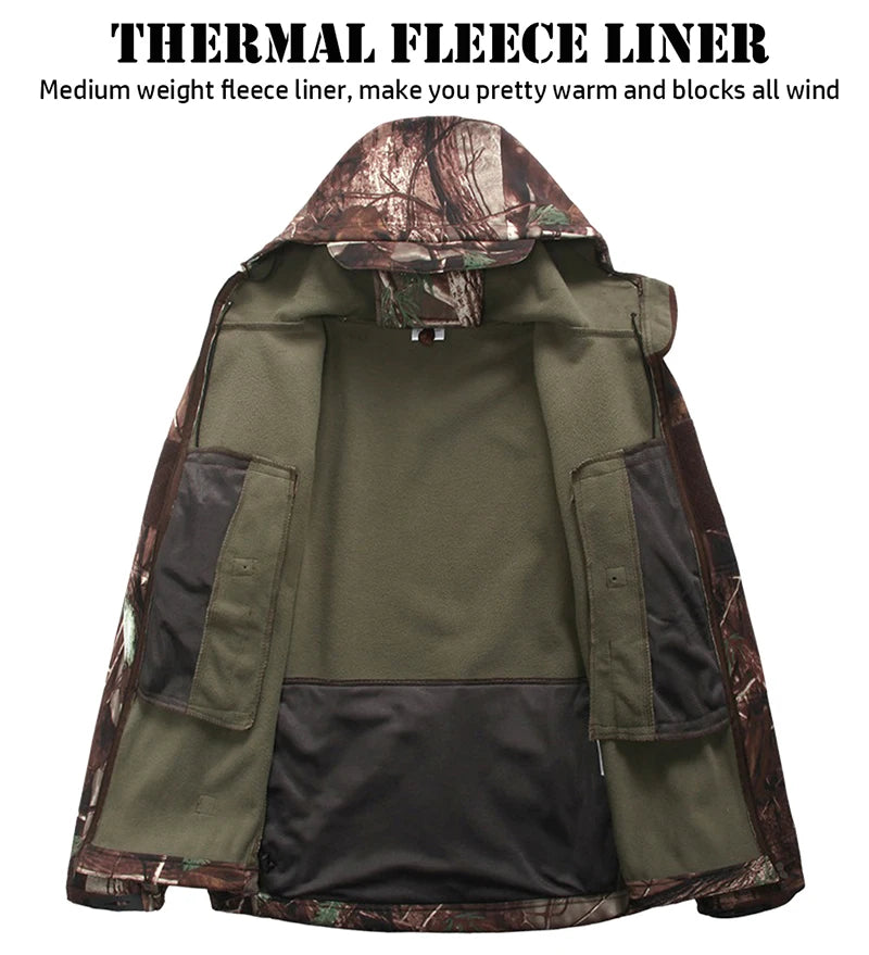 Men's Silent Soft Shell Camouflage Tactical Jacket Waterproof Warm Fleece Hunting Jackets Outdoor Hiking Fishing Hooded Coat Pi-Mart