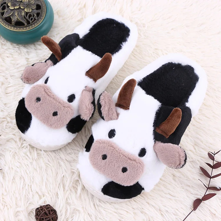 Winter Home Slippers for Couples Warm Plush Neutral Cartoon Cow Indoor Anti Slip Comfortable Cotton Slippers for Men and Women LadyShow.Store