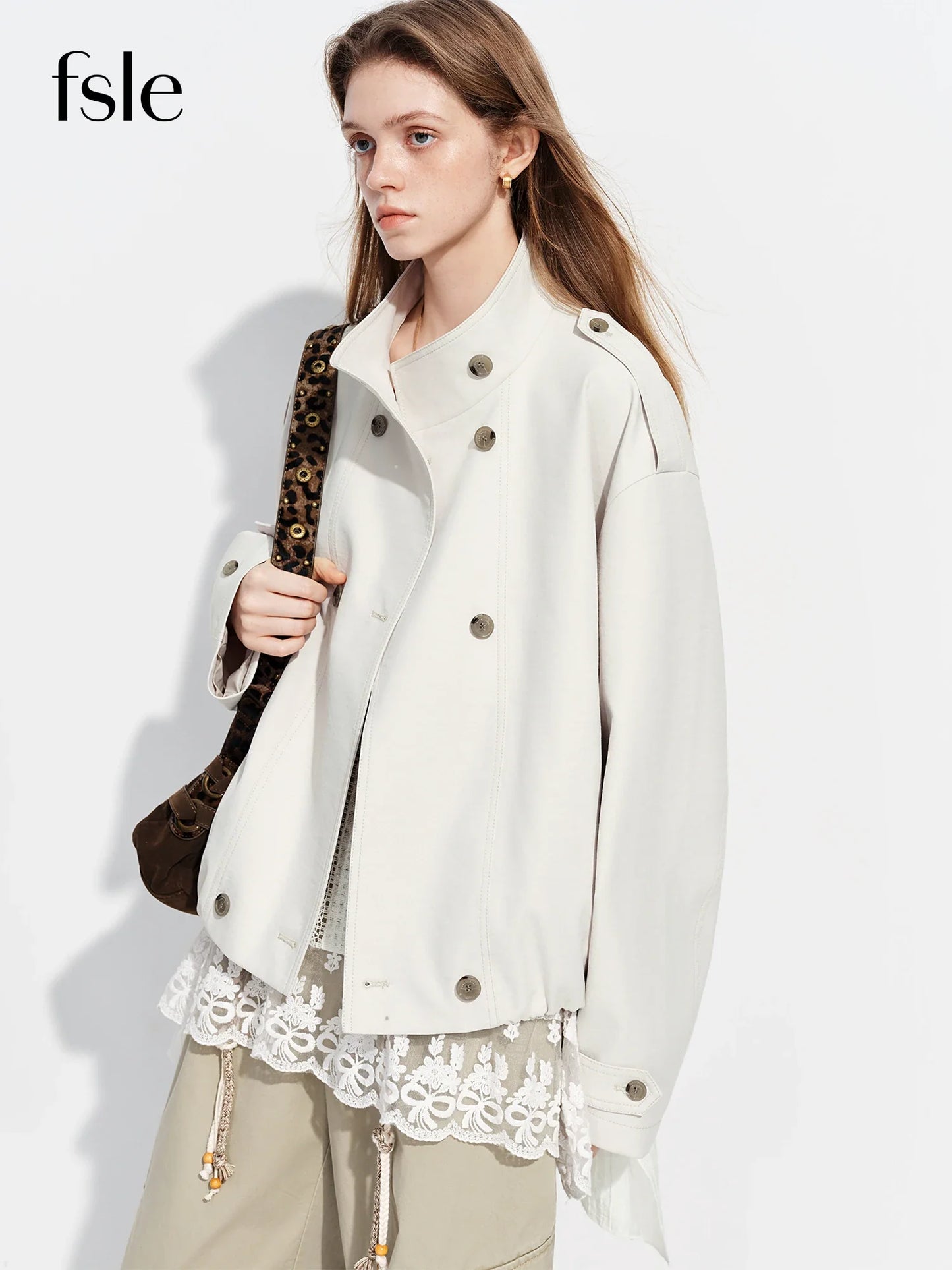 FSLE【Premium Series】Women's Oversize Short Trench Coat Brown Faux Leather Belted Jacket Grey Windbreaker Y2K Retro Outerwear LadyShow.Store