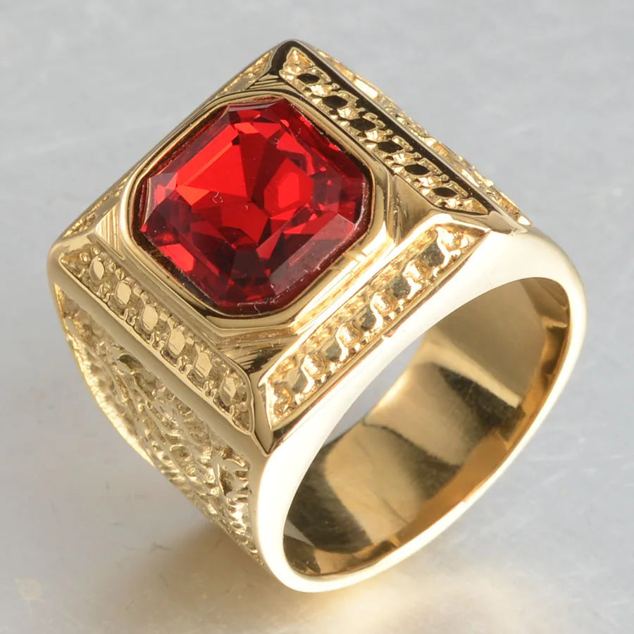 Keisha Lena Gold Plated Titanium Steel Inlay Red Blue Square Stone Men Ring Australian Gem Zirconia Wedding Ring Christmas Gift Pi-Mart