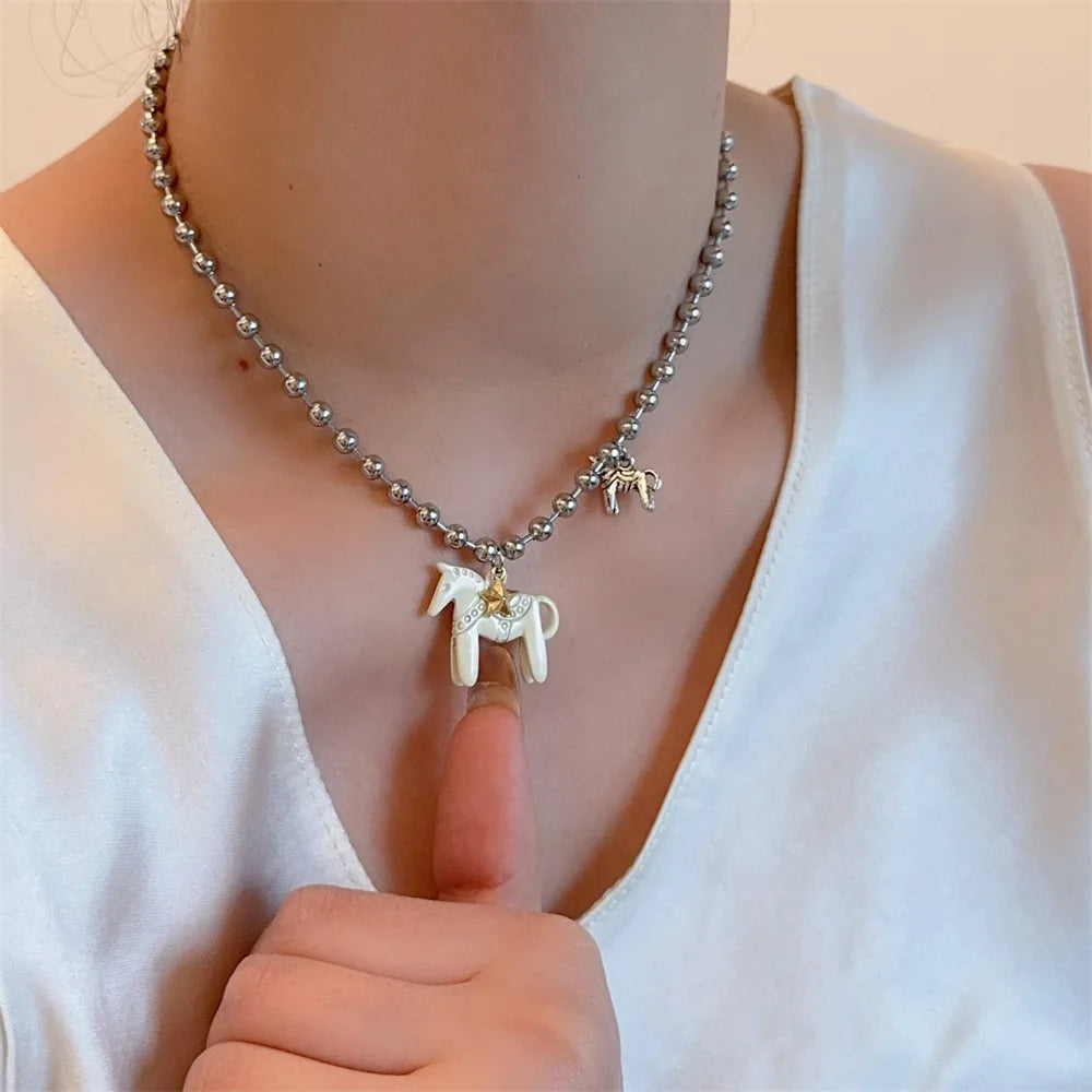 LATS White Black Green Blue Pink Color Enamel Colt Horse Pendant Necklaces for Women Silver Plated Alloy Beads Chain Chokers Pi-Mart