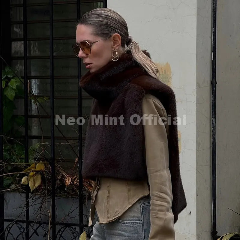 Neo Mint 2025 Brand Fashion Faux Fur Sable Vest Crop Top Autumn Winter Turtleneck Eco Mink Fur Tank Tops Sleeveless Jacket Coat LadyShow.Store